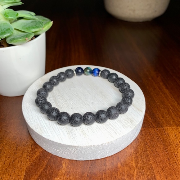 Dark Blue Tiger’s Eye Stone and Natural Lava Rock Diffuser Bracelet - Picture 3 of 5